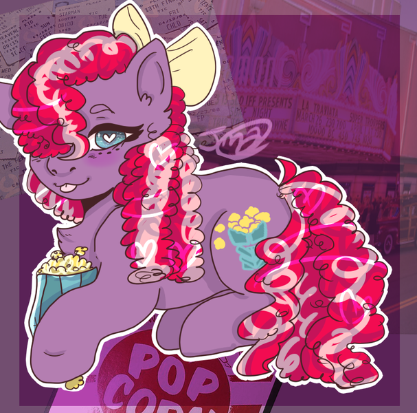 Size: 776x767 | Tagged: safe, artist:jadedmelody613, derpibooru import, caramel crunch, earth pony, pony, bow, cheek fluff, chest fluff, ear fluff, female, food, freckles, g1, hair bow, looking at you, lying down, mare, popcorn, signature, solo, tongue out