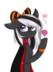 Size: 2731x3674 | Tagged: safe, artist:mimihappy99, derpibooru import, oc, oc:puppet, unofficial characters only, earth pony, pony, bow, candy, clothes, costume, female, food, hair bow, halloween, heart, heart eyes, holiday, hoof hold, lollipop, mare, simple background, solo, transparent background, wingding eyes