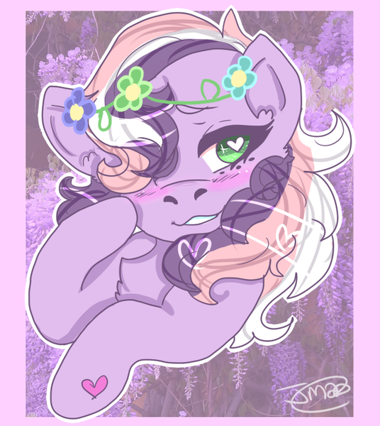 Size: 679x760 | Tagged: safe, artist:jadedmelody613, derpibooru import, wysteria, earth pony, pony, blushing, chest fluff, female, flower, flower in hair, freckles, g3, heart eyes, mare, signature, solo, wingding eyes