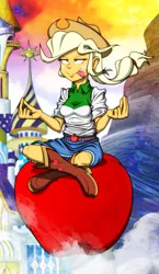 Size: 537x929 | Tagged: safe, artist:pedantczepialski, derpibooru import, applejack, oc, oc:appul, equestria girls, alternate universe, apple, canterlot, clothes, cloud, cowboy hat, crossed legs, denim skirt, equestria girls: the parody series, floating, food, freckles, fruit, hat, lotus position, meditating, mountain, silly, sitting, skirt, solo, stetson, tongue out, who's a silly human