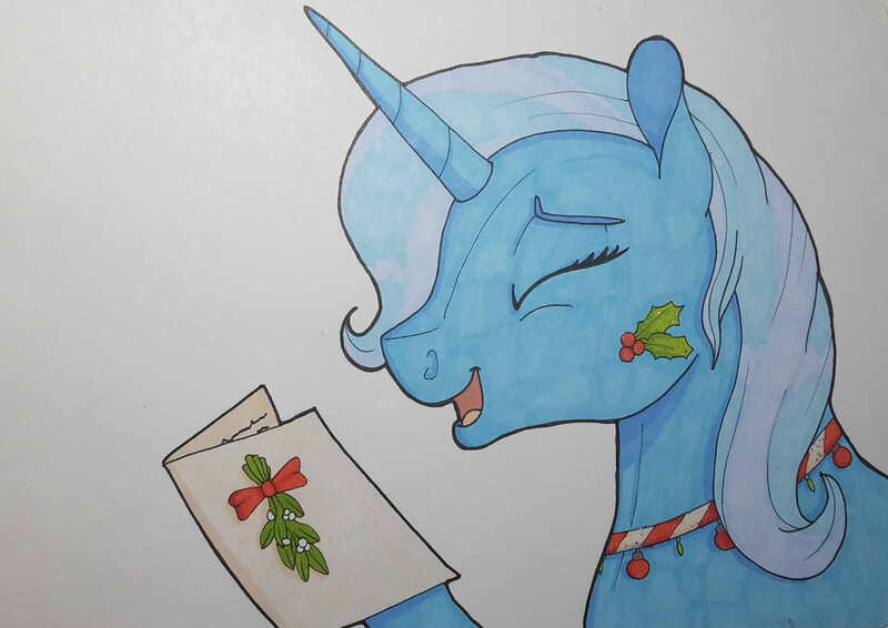 Size: 2333x1651 | Tagged: safe, artist:fia94, derpibooru import, trixie, pony, unicorn, card, christmas, female, happy, holiday, holly, mare, mistletoe, smiling, traditional art