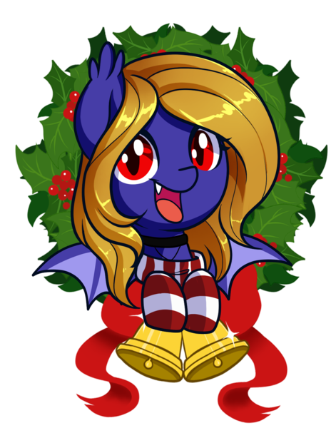 Size: 1000x1274 | Tagged: safe, artist:xwhitedreamsx, derpibooru import, oc, oc:butter cream, unofficial characters only, bat pony, adorable face, bat pony oc, bell, bust, christmas, christmas wreath, clothes, collar, commission, cute, female, hearth's warming, holiday, looking at you, mare, portrait, simple background, smiling, socks, solo, stockings, striped socks, transparent background, wings, wreath, ych result