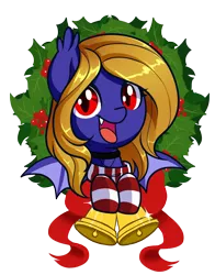 Size: 1000x1274 | Tagged: safe, artist:xwhitedreamsx, derpibooru import, oc, oc:butter cream, unofficial characters only, bat pony, adorable face, bat pony oc, bell, bust, christmas, christmas wreath, clothes, collar, commission, cute, female, hearth's warming, holiday, looking at you, mare, portrait, simple background, smiling, socks, solo, stockings, striped socks, transparent background, wings, wreath, ych result