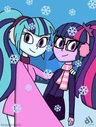 Size: 1200x1600 | Tagged: safe, artist:djgames, derpibooru import, sci-twi, sonata dusk, twilight sparkle, equestria girls, clothes, duo, earmuffs, requested art, smiling, winter outfit