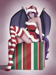 Size: 2191x2929 | Tagged: suggestive, artist:fairdahlia, derpibooru import, oc, oc:tenebra von umbram, unofficial characters only, anthro, bat pony, unguligrade anthro, anthro oc, bat pony oc, breasts, christmas, clothes, commission, female, hat, high res, holiday, looking at you, present, santa hat, smiling, socks, solo, solo female, striped socks, ych result