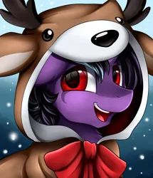 Size: 1722x2003 | Tagged: safe, artist:pridark, derpibooru import, oc, oc:silver lun dancer, unofficial characters only, deer, pony, reindeer, animal costume, christmas, clothes, commission, costume, holiday, hoodie, kigurumi, male, open mouth, reindeer costume, smiling, snow, snowfall, solo, stallion