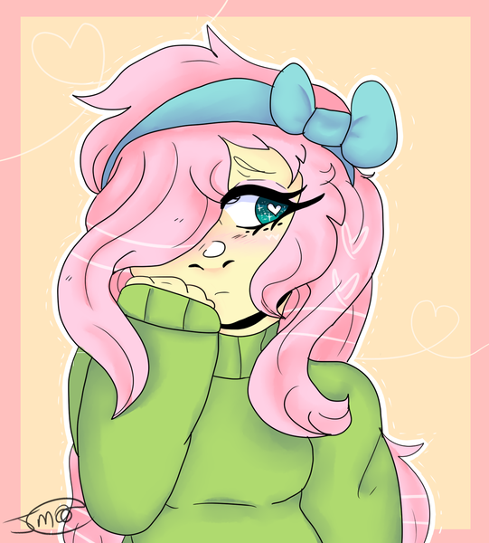 Size: 1141x1265 | Tagged: safe, artist:jadedmelody613, derpibooru import, fluttershy, equestria girls, blushing, bow, clothes, female, hair bow, hair over one eye, heart eyes, signature, simple background, solo, sweater, sweatershy, wingding eyes