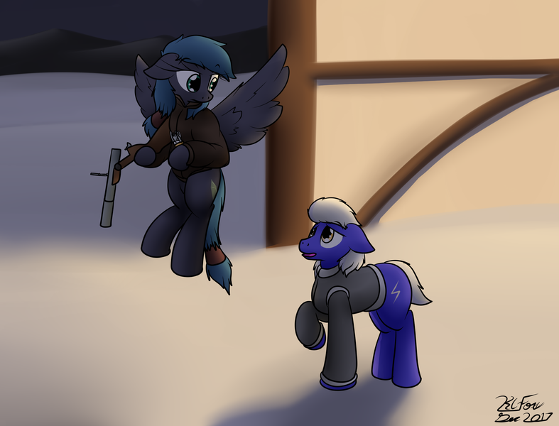 Size: 2216x1690 | Tagged: safe, artist:the-furry-railfan, derpibooru import, oc, oc:night strike, oc:static charge, unofficial characters only, earth pony, pegasus, pony, clothes, cutlery, determined, flying, fork, grenade launcher, house, jacket, knife, m79, mountain, mountain range, night, outdoors, snow, story included, worried