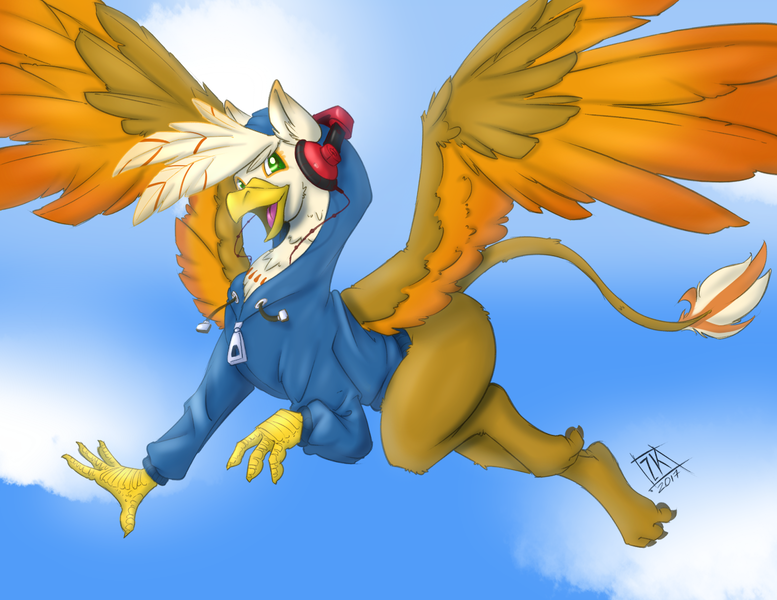Size: 1261x974 | Tagged: safe, artist:blues64, artist:zwitterkitsune, derpibooru import, oc, oc:ember burd, unofficial characters only, gryphon, clothes, colored sketch, eared griffon, flying, griffon oc, headphones, hoodie, solo, spread wings, wings