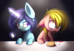 Size: 1600x1111 | Tagged: grimdark, artist:snowbunny0820, derpibooru import, oc, oc:daniel, oc:finn, unofficial characters only, earth pony, pony, unicorn, bread, cyanide, food, hematemesis, kcn, magic, male, poison, potassium, potassium cyanide, stallion, vomiting blood