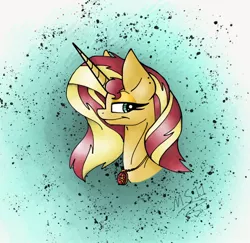 Size: 1024x996 | Tagged: safe, artist:melonseed11, derpibooru import, sunset shimmer, pony, unicorn, bust, female, geode of empathy, jewelry, mare, pendant, portrait, profile, solo