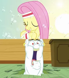 Size: 1280x1440 | Tagged: safe, derpibooru import, edit, edited screencap, screencap, bulk biceps, fluttershy, hurricane fluttershy, on your marks, adorasexy, aroused, clubhouse, crusaders clubhouse, cute, dandelion, ear piercing, earring, faic, female, flutterbulk, forelegs crossed, headband, hole, jewelry, lip bite, male, piercing, sexy, shipping, shoulders, smiling, straight, sun, sweatband, wristband, yeah
