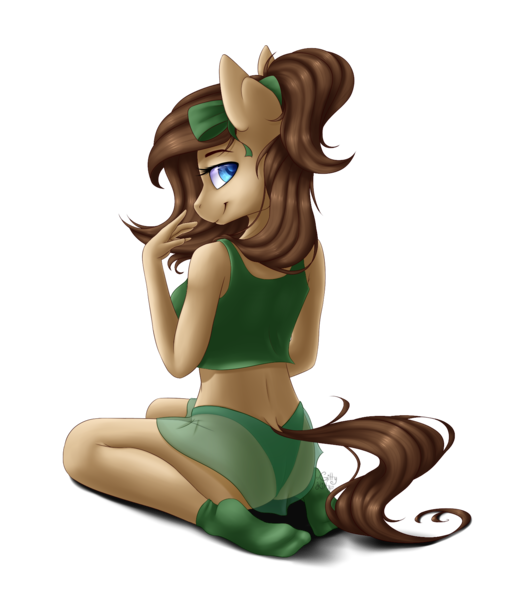 Size: 1525x1744 | Tagged: suggestive, artist:gittykitty264, derpibooru import, oc, oc:mocha latte, unofficial characters only, anthro, earth pony, bow, breasts, clothes, feet, female, green socks, green underwear, hair bow, kneeling, looking back, mare, panties, pinup, see-through, see-through skirt, simple background, skirt, socks, solo, solo female, transparent background, underwear