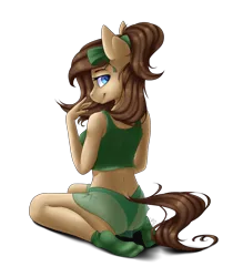 Size: 1525x1744 | Tagged: suggestive, artist:gittykitty264, derpibooru import, oc, oc:mocha latte, unofficial characters only, anthro, earth pony, bow, breasts, clothes, feet, female, green socks, green underwear, hair bow, kneeling, looking back, mare, panties, pinup, see-through, see-through skirt, simple background, skirt, socks, solo, solo female, transparent background, underwear