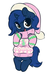 Size: 3050x4445 | Tagged: safe, artist:wickedsilly, derpibooru import, oc, oc:starlight blossom, unofficial characters only, pony, unicorn, bipedal, christmas, clothes, cute, female, filly, hat, holiday, santa hat, simple background, sweater, transparent background