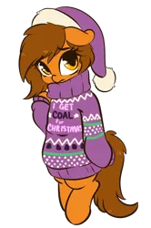 Size: 3150x4746 | Tagged: safe, artist:wickedsilly, derpibooru import, oc, oc:venus spring, unofficial characters only, pony, unicorn, absurd resolution, adorable face, bipedal, christmas, clothes, commission, cute, female, floppy ears, hat, holiday, hooves, mare, santa hat, simple background, solo, sweater, text, transparent background