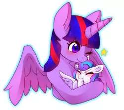 Size: 1200x1061 | Tagged: alicorn, artist:hosikawa, aunt and niece, auntie twilight, cute, derpibooru import, duo, flurrybetes, hoof sucking, one eye closed, princess flurry heart, safe, simple background, spread wings, twiabetes, twilight is bae, twilight sparkle, twilight sparkle (alicorn), white background, wings, wink