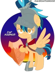 Size: 2448x3264 | Tagged: safe, artist:rainbowyoshi305, derpibooru import, flash magnus, indigo zap, ponified, pegasus, pony, alternate hairstyle, armor, clothes, cosplay, costume, equestria girls ponified, female, helmet, high res, mare, netitus, shield, simple background, transparent background