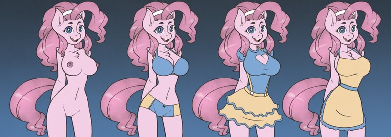 Size: 1280x450 | Tagged: questionable, artist:cpwny, derpibooru import, pinkie pie, anthro, earth pony, apron, belly button, big breasts, boob window, bra, breasts, busty pinkie pie, chest fluff, cleavage, clothes, ear fluff, featureless crotch, female, gradient background, looking at you, mare, midriff, naked apron, nipples, nudity, open mouth, skirt, smiling, solo, solo female, underwear