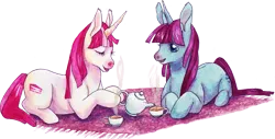 Size: 900x456 | Tagged: safe, artist:kirishin, derpibooru import, oc, oc:pudding pie, oc:snowcatcher, unofficial characters only, unicorn, cup, cutie mark, duo, duo female, female, food, horn, lying down, rug, simple background, steam, tea, teacup, teapot
