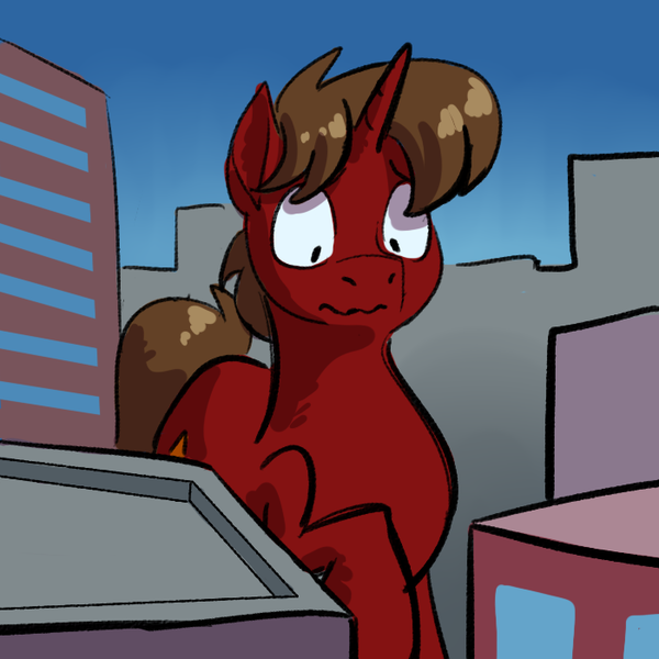 Size: 700x700 | Tagged: safe, artist:goat train, deleted from derpibooru, derpibooru import, oc, oc:crimson rune, unofficial characters only, pony, unicorn, city, cityscape, giant pony, horn, macro, male, simple background, solo, stallion