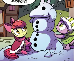 Size: 1056x875 | Tagged: safe, artist:brendahickey, derpibooru import, idw, apple bloom, princess ember, spike, dragon, spoiler:comic, spoiler:comicholiday2017, cropped, female, male, shipping, snow dragon, snowman, spikebloom, straight