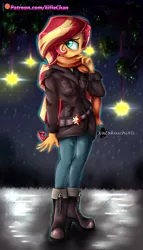 Size: 4000x7000 | Tagged: safe, artist:katakiuchi4u, derpibooru import, sunset shimmer, equestria girls, belt, boots, clothes, jacket, looking at you, night, patreon, patreon logo, scarf, shoes, sky, solo, stars, winter