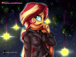 Size: 4000x3000 | Tagged: safe, artist:katakiuchi4u, derpibooru import, sunset shimmer, equestria girls, close-up, clothes, jacket, looking at you, night, patreon, patreon logo, scarf, solo, stars, winter