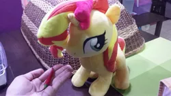 Size: 4128x2322 | Tagged: safe, artist:onlyfactory, derpibooru import, photographer:horsesplease, sunset shimmer, human, pony, bootleg, chilli, feeding, female, food, hand, irl, malaysia, mare, photo, plushie, silly, silly pony, spicy