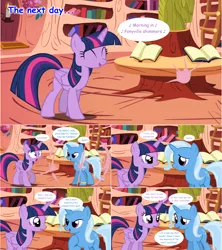 Size: 1284x1444 | Tagged: safe, artist:hakunohamikage, derpibooru import, trixie, twilight sparkle, twilight sparkle (alicorn), alicorn, pony, unicorn, ask-princesssparkle, ask, book, comic, engagement ring, eyes closed, female, golden oaks library, mare, teleportation, tumblr