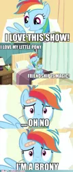 Size: 409x960 | Tagged: safe, deleted from derpibooru, derpibooru import, edit, edited screencap, screencap, rainbow dash, pegasus, pony, read it and weep, bandaid, bed, blanket, brony, caption, dead meme, existential crisis, female, hospital, image, image macro, in-universe pegasister, irony, jpeg, lamp, mare, meme, needs more jpeg, pillow, realization, smiling, solo, text, tissue box