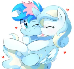 Size: 1600x1500 | Tagged: safe, artist:maren, derpibooru import, oc, oc:blue chewings, oc:sherbet, unofficial characters only, pony, couple, cute, eyes closed, female, kissing, male, mare, oc x oc, ocbetes, shipping, simple background, smiling, stallion, straight, white background