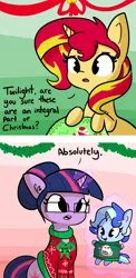 Size: 1280x2630 | Tagged: safe, artist:tjpones, derpibooru import, sci-twi, sunset shimmer, twilight sparkle, oc, oc:sparkling sapphire, pony, unicorn, series:sciset diary, baby, baby pony, christmas, christmas sweater, clothes, comic, cute, female, glowing horn, holiday, lesbian, looking at each other, magic, magical lesbian spawn, mare, offspring, open mouth, parent:sci-twi, parent:sunset shimmer, parents:scitwishimmer, pun, scitwishimmer, shimmerbetes, shipping, sunsetsparkle, sweater, telekinesis, trio, twiabetes