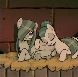 Size: 1575x1571 | Tagged: safe, artist:pencils, derpibooru import, cloudy quartz, marble pie, earth pony, pony, comic:anon's pie adventure, blanket, butt, butt pillow, comic, cropped, duo, eyes closed, female, frog (hoof), hair bun, hair over one eye, marblebutt, mare, mother and daughter, plot, sleeping, squishy, underhoof