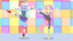 Size: 1912x1072 | Tagged: safe, derpibooru import, screencap, fluttershy, sugarcoat, dance magic, equestria girls, spoiler:eqg specials, ballet, ballet slippers, clothes, converse, dancing, eyes closed, female, glasses, pigtails, pointe, ponied up, shoes, skirt, skirt lift, sneakers, socks, tutu, tutus, twintails