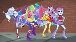 Size: 1912x1072 | Tagged: safe, derpibooru import, screencap, lemon zest, sour sweet, sugarcoat, sunny flare, dance magic, equestria girls, spoiler:eqg specials, adoraflare, boots, clothes, converse, crystal prep shadowbolts, cute, cutie mark, ear piercing, earring, eyes closed, female, freckles, glasses, graffiti, group, headphones, heart, high heel boots, high heels, jewelry, legs, open mouth, piercing, pigtails, pointe, ponytail, raised leg, shoes, skirt, skirt lift, sneakers, socks, sourbetes, sugarcute, tutu, twintails, wristband, zestabetes