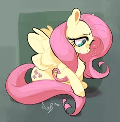 Size: 1024x1035 | Tagged: safe, artist:sunbusting, derpibooru import, fluttershy, pegasus, pony, chest fluff, female, looking away, looking down, mare, nervous, shy, sitting, solo, spread wings, sweat, sweatdrops, wavy mouth, wings
