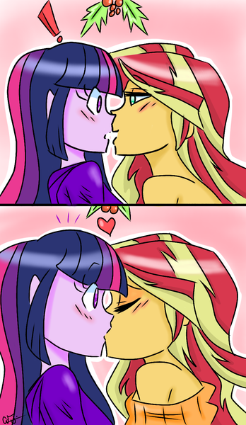 Size: 888x1529 | Tagged: safe, artist:ajdudebro, derpibooru import, sunset shimmer, twilight sparkle, equestria girls, 2 panel comic, blushing, christmas, clothes, comic, female, heart, holiday, holly, holly mistaken for mistletoe, kissing, lesbian, looking at each other, off shoulder, shipping, sunsetsparkle