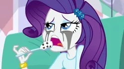 Size: 1912x1072 | Tagged: safe, derpibooru import, screencap, rarity, dance magic, equestria girls, spoiler:eqg specials, bracelet, comfort eating, crying, eating, food, ice cream, jewelry, makeup, marshmelodrama, mascara, mascarity, nom, running makeup, sad, solo, spoon