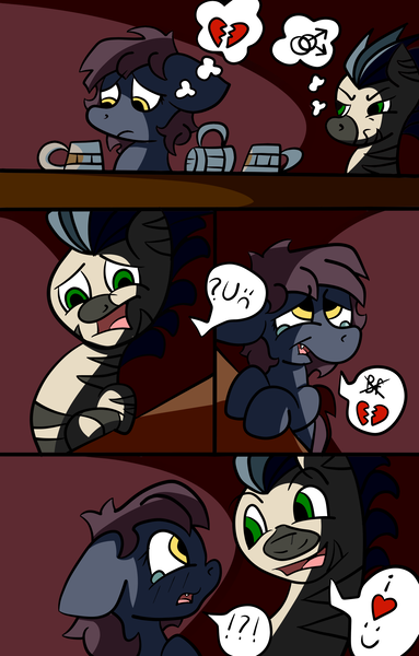 Size: 1789x2803 | Tagged: suggestive, artist:justanotherponyartblog, derpibooru import, oc, oc:ventress, unofficial characters only, bat pony, zebra, bat pony oc, comic, commission, drinking, exclamation point, female, flat colors, getting her stripes, getting laid tonight, heart, interrobang, male, mare, pickup lines, pictogram, question mark, stallion, zebra oc