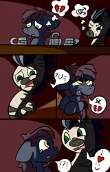 Size: 1789x2803 | Tagged: suggestive, artist:justanotherponyartblog, derpibooru import, oc, oc:ventress, unofficial characters only, bat pony, zebra, bat pony oc, comic, commission, drinking, exclamation point, female, flat colors, getting her stripes, getting laid tonight, heart, interrobang, male, mare, pickup lines, pictogram, question mark, stallion, zebra oc