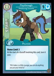 Size: 948x1323 | Tagged: safe, artist:flash equestria photography, derpibooru import, oc, oc:playthrough, unofficial characters only, pegasus, pony, card, clothes, commission, fighting stance, glasses, hoodie, male, smiling, stallion, trading card, vector