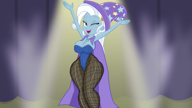 Size: 1920x1080 | Tagged: suggestive, alternate version, artist:fishsandwich, derpibooru import, trixie, equestria girls, armpits, breasts, busty trixie, clothes, curvy, female, fishnets, hat, hips, hourglass figure, leotard, magician outfit, one eye closed, solo, solo female, stage, stupid sexy trixie, thick, thong leotard, trixie's hat, wallpaper, wallpaper for the fearless, wide hips, wink