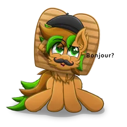 Size: 4000x4000 | Tagged: safe, alternate version, artist:sol-r, derpibooru import, oc, oc:french toast, unofficial characters only, earth pony, pony, absurd resolution, bread, bread head, clothes, costume, dialogue, ear fluff, facial hair, female, food, hat, mare, moustache, multicolored hair, multicolored mane, multicolored tail, nightmare night costume, simple background, sitting, solo, toast, transparent background, vector