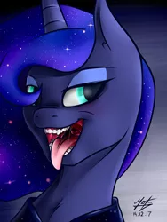 Size: 3000x4000 | Tagged: suggestive, artist:azerta56, derpibooru import, princess luna, alicorn, clothes, drool, ethereal mane, female, galaxy mane, human teeth, maw, mawshot, open mouth, simple background, solo, solo female, tongue out, uvula