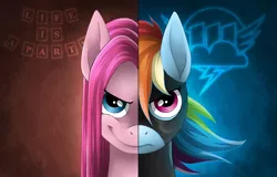 Size: 1250x800 | Tagged: safe, artist:rookuna, derpibooru import, pinkie pie, rainbow dash, earth pony, pegasus, pony, fanfic:cupcakes, fanfic:rainbow factory, bust, duality, female, frown, grin, life is a party, looking at you, mare, pinkamena diane pie, portrait, rainbow factory dash, smiling, split screen