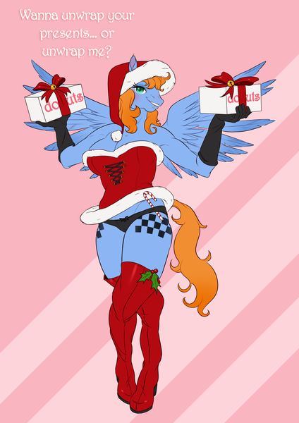 Size: 2480x3507 | Tagged: suggestive, artist:mellowhen, derpibooru import, oc, oc:quick trip, unofficial characters only, anthro, anthro oc, boots, bow, breasts, candy, candy cane, christmas, clothes, costume, female, food, gloves, hat, holiday, holly, present, santa costume, santa hat, sexy, sexy santa costume, shoes, solo