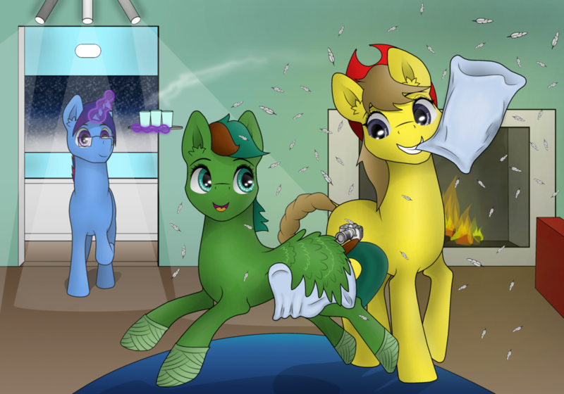 Size: 1024x717 | Tagged: safe, artist:zeronitroman, derpibooru import, oc, oc:liz, oc:marquis majordome, oc:windy barebow evergreen, unofficial characters only, earth pony, pegasus, pony, unicorn, bandage, cup, cute, feather, female, fireplace, glasses, glowing horn, hat, hoof wraps, male, mare, mouth hold, pillow, pillow fight, stallion, tray, trio