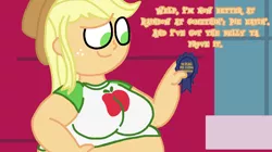 Size: 1024x575 | Tagged: suggestive, artist:jamesawilliams1996, derpibooru import, applejack, series:applejack loves being fat, equestria girls, amplejack, applefat, bbw, belly, big belly, big breasts, blue ribbon, breasts, dreamworks face, fat, grammar error, obese, weight gain