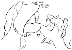 Size: 1000x700 | Tagged: safe, artist:goat train, deleted from derpibooru, derpibooru import, oc, oc:anon, oc:cumulonimbus, oc:sequoia, unofficial characters only, human, pony, dialogue, eyes closed, female, heart, kissing, lesbian, mare, monochrome, oc x oc, shipping, size difference, this will end in death